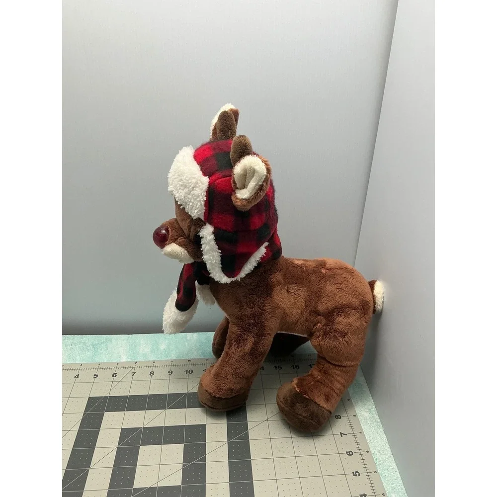 Rudolph‎ Red-Nosed Reindeer Plush Buffalo Plaid Trapper Hat Scarf Christmas 14in